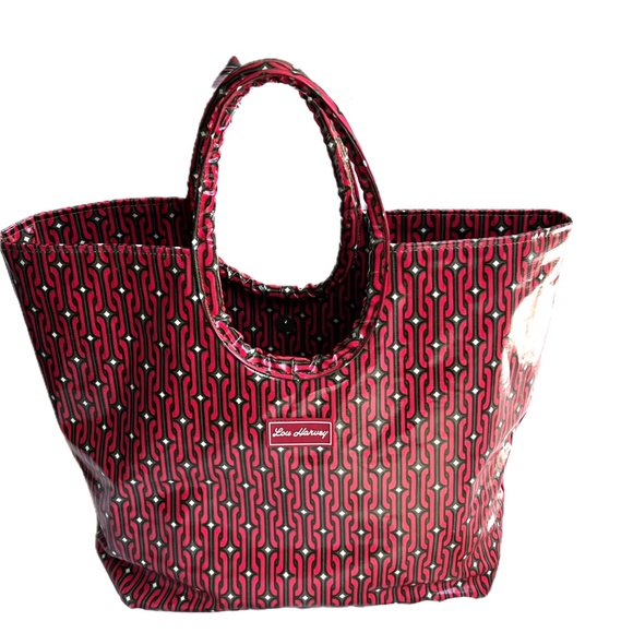 Lou Harvey Tote Large PVC Red Brown Geometric Print Beach Bag Travel Shopping - Picture 1 of 7